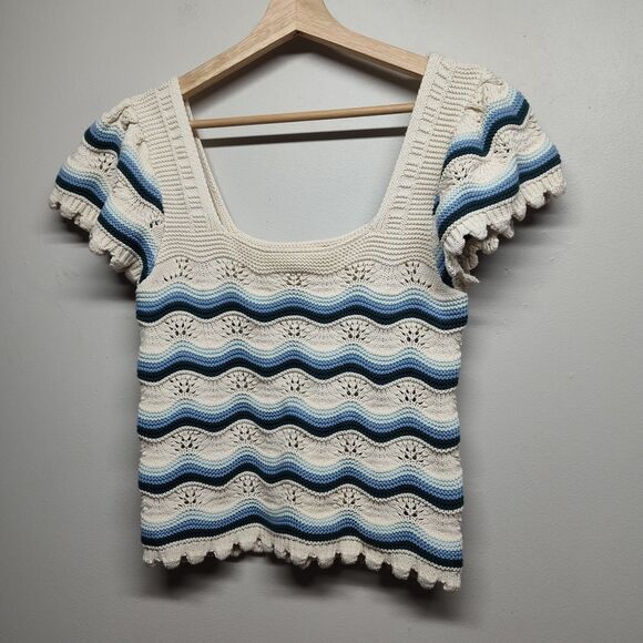 Jessica Simpson Tops - Crochet Top Women L Cream Blue Stripes Short Sleeve Spring Beachy Boho Casual